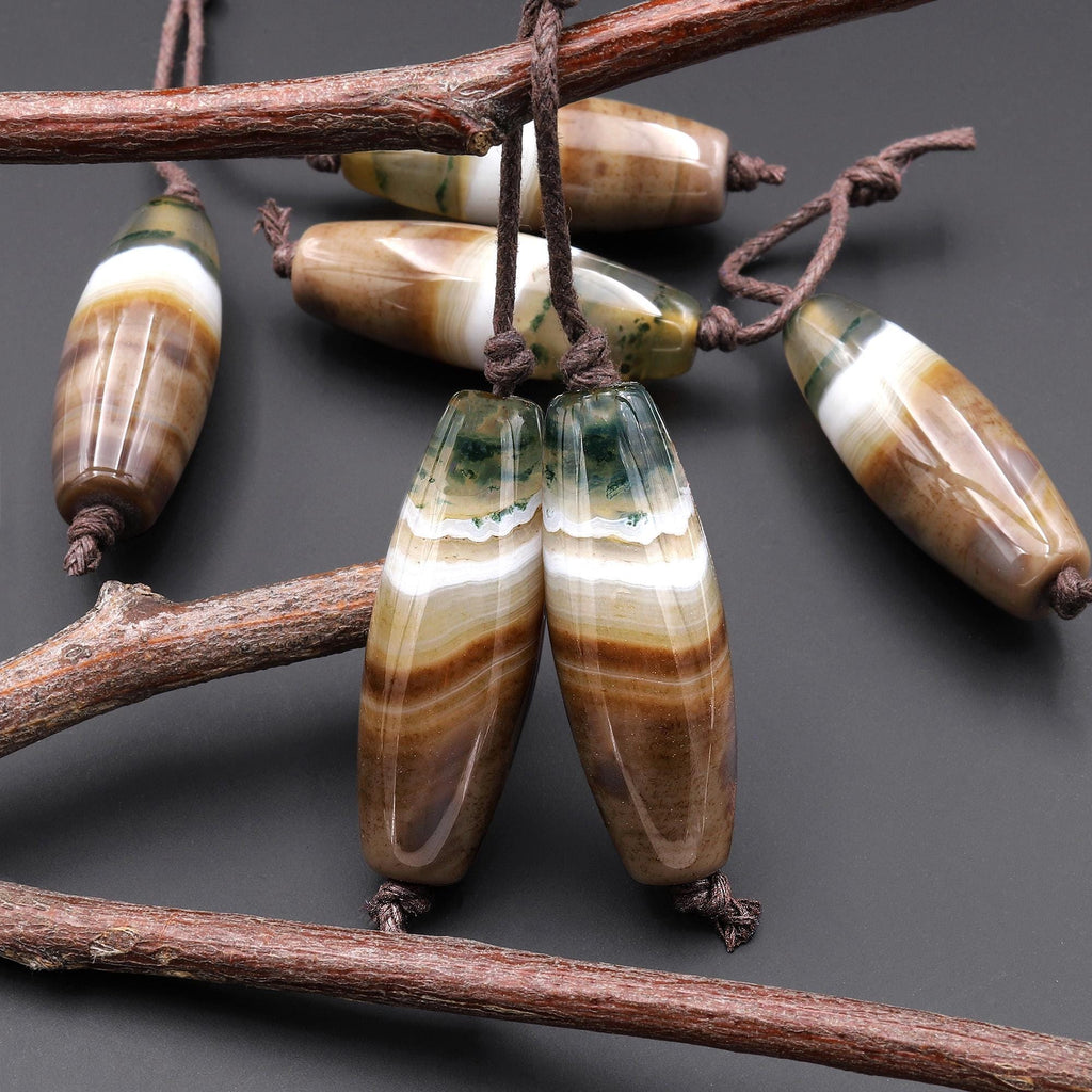 Extremely Rare Natural Brown Tibetan Agate w/ Green Moss Beads Long Barrel Cylinder 40x14mm Matched Earring Pair Beads