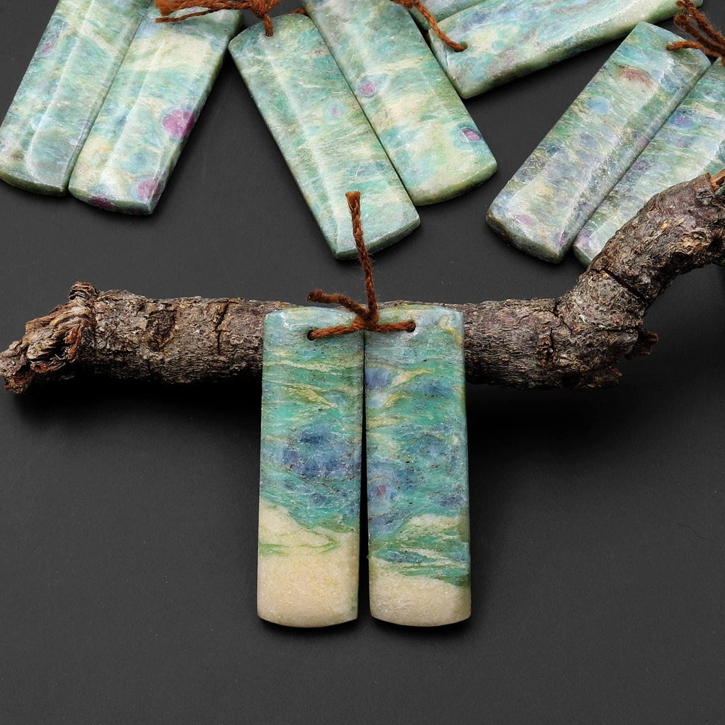 Natural Green Fuchsite Earring Pair Rectangle Matched Gemstone Beads A7