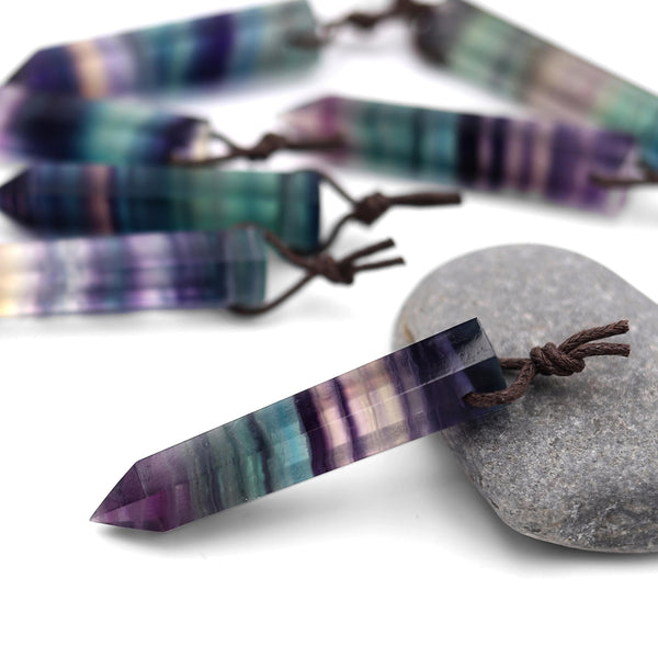 AAA Natural Rainbow Fluorite Crystal Point Pendant Side Drilled Gemstone Tower Pendulum A2