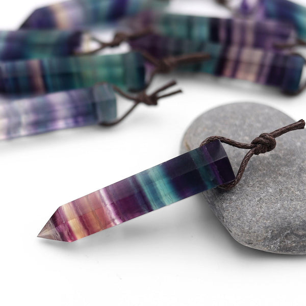 AAA Natural Rainbow Fluorite Crystal Point Pendant Side Drilled Gemstone Tower Pendulum A4