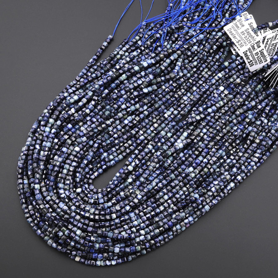 Faceted Genuine Natural Blue Sapphire 3mm Cube Beads 15.5" Strand