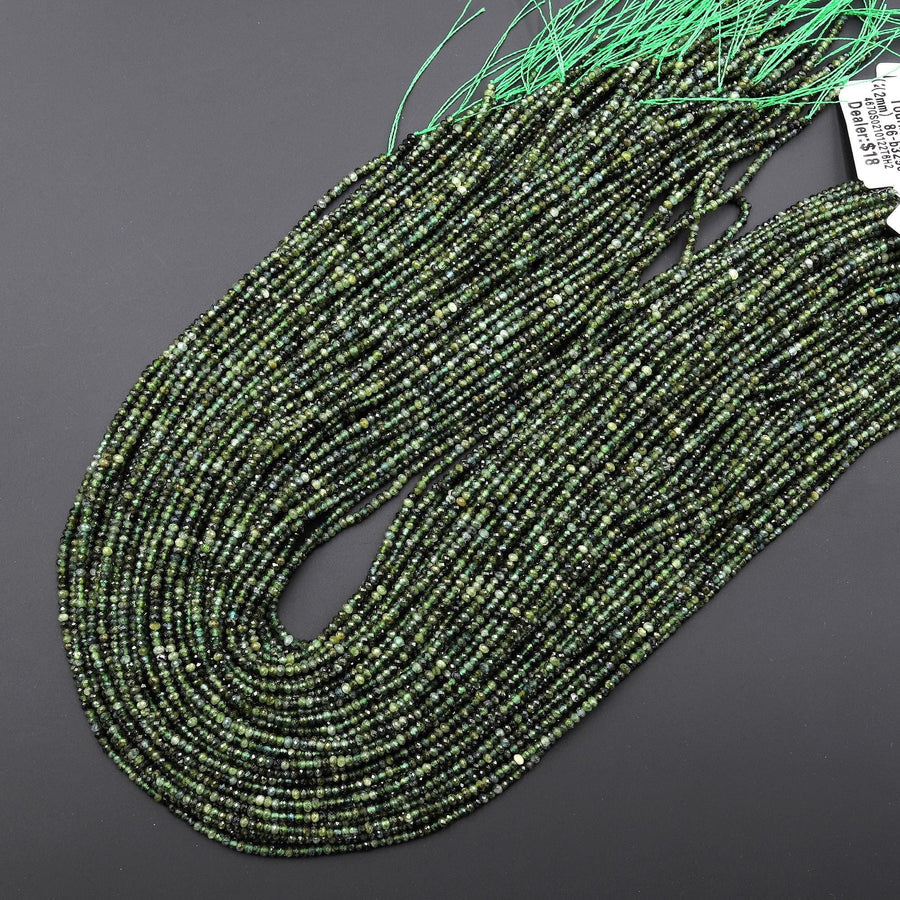 Micro Faceted Natural Green Tourmaline 2mm Rondelle Beads Diamond Cut Gemstone 15.5" Strand