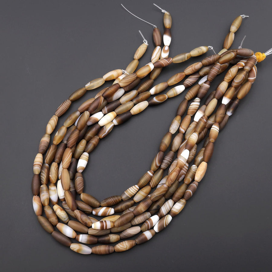 Matte Natural Light Caramel Brown Tibetan Agate Beads Long Barrel Cylinder 6x16mm 15.5" Strand