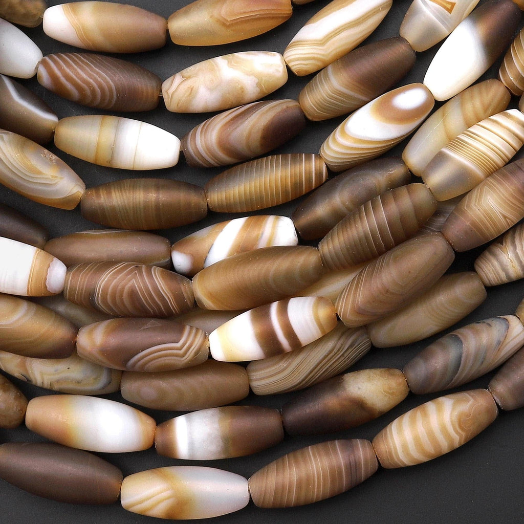 Matte Natural Light Caramel Brown Tibetan Agate Beads Long Barrel Cylinder 6x16mm 15.5" Strand