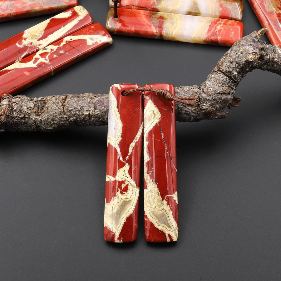 Natural Red River Jasper Long Rectangle Earring Pair Drilled Matched Gemstone Beads