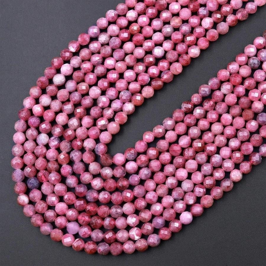 Faceted Natural Pink Tourmaline 3mm 4mm 5mm 6mm Round Beads Micro Diamond Cut Gemstone 15.5" Strand