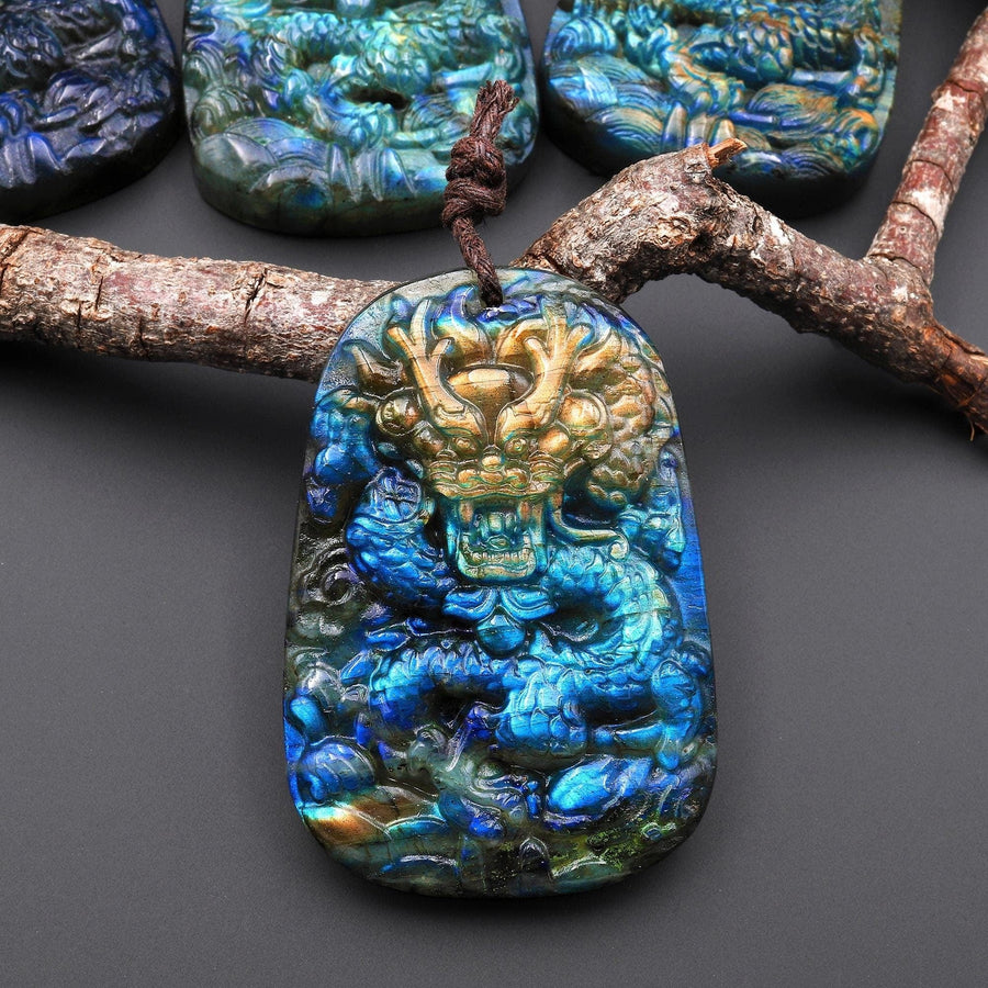 AAA Hand Carved Natural Blue Labradorite Dragon Pendant Gemstone Focal Bead A1