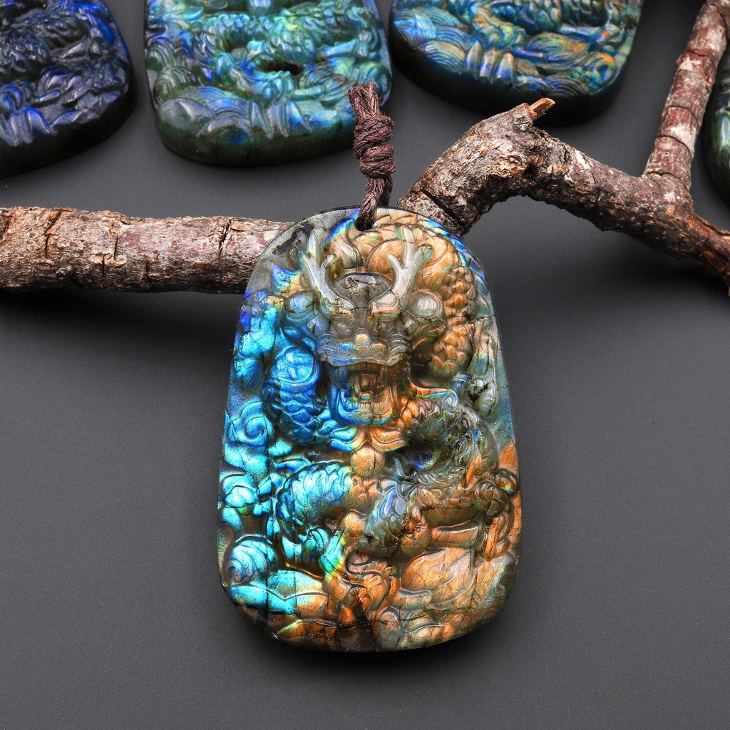 AAA Hand Carved Natural Blue Labradorite Dragon Pendant Gemstone Focal Bead A3