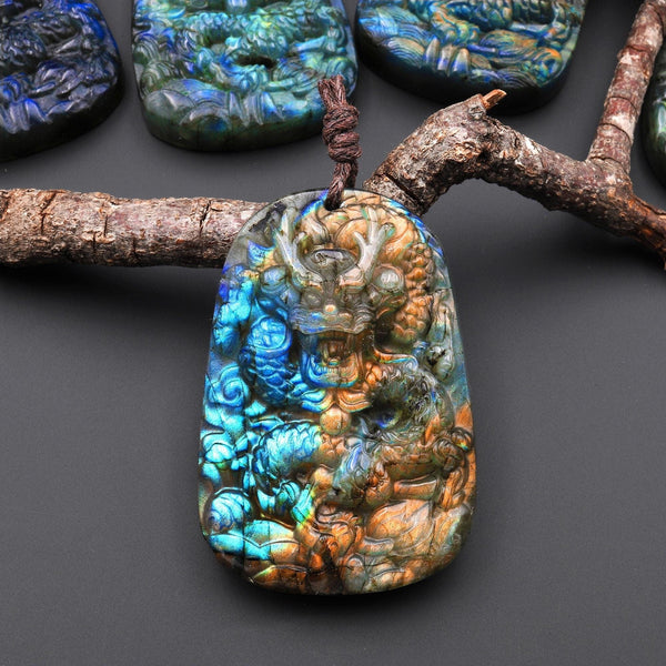 AAA Hand Carved Natural Blue Labradorite Dragon Pendant Gemstone Focal Bead A3