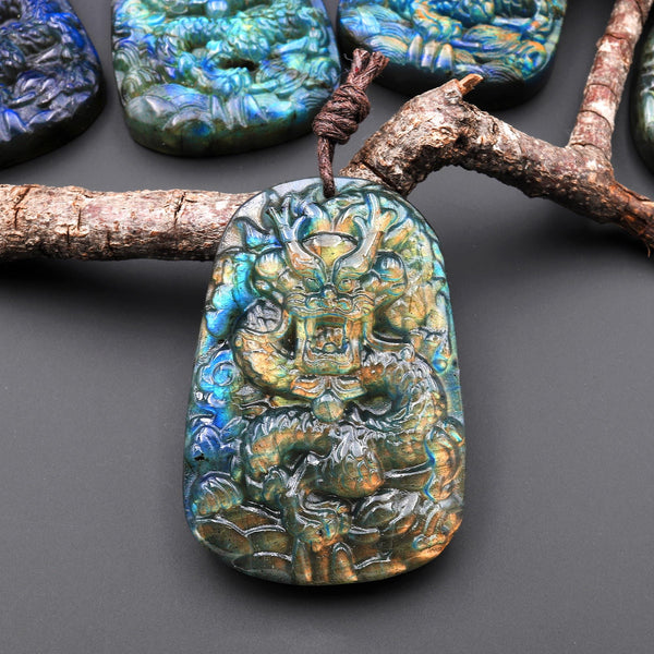 AAA Hand Carved Natural Blue Labradorite Dragon Pendant Gemstone Focal Bead A7