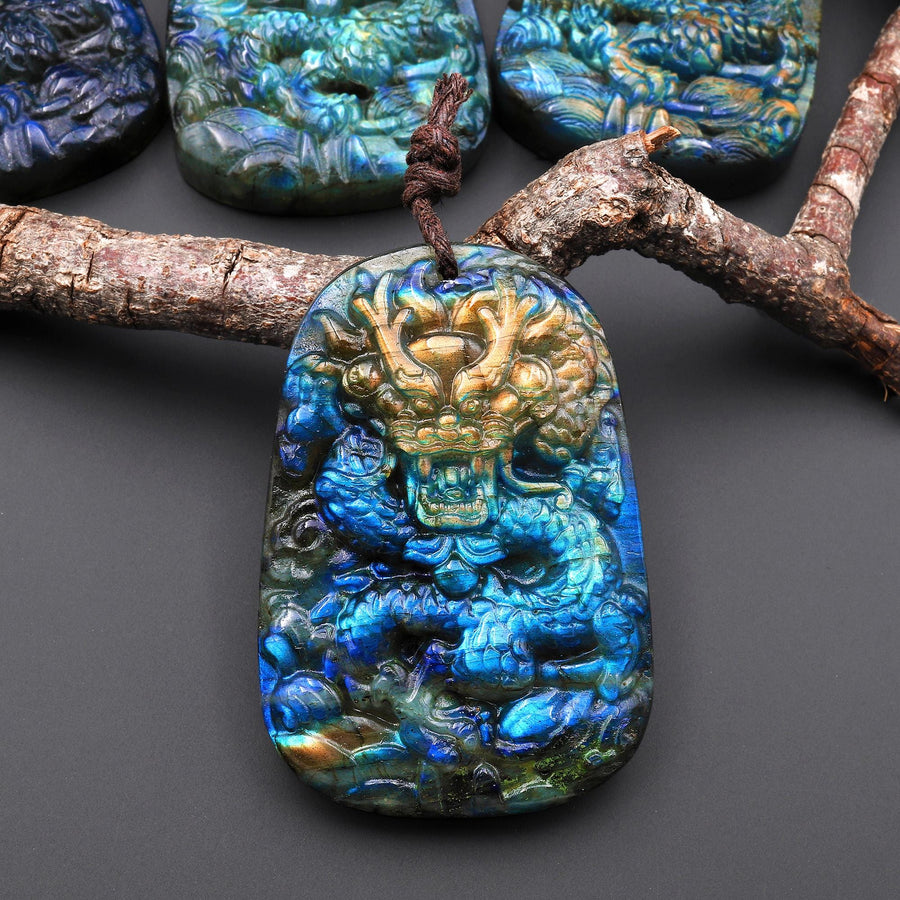 AAA Hand Carved Natural Blue Labradorite Dragon Pendant Gemstone Focal Bead