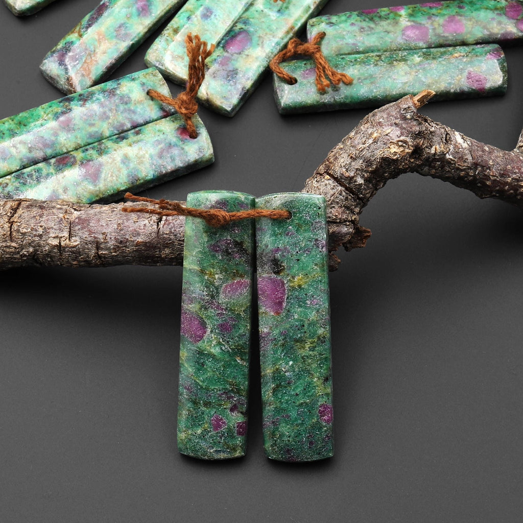 Natural Red Ruby Green Fuchsite Rectangle Earring Pair Matched Gemstone Beads A1