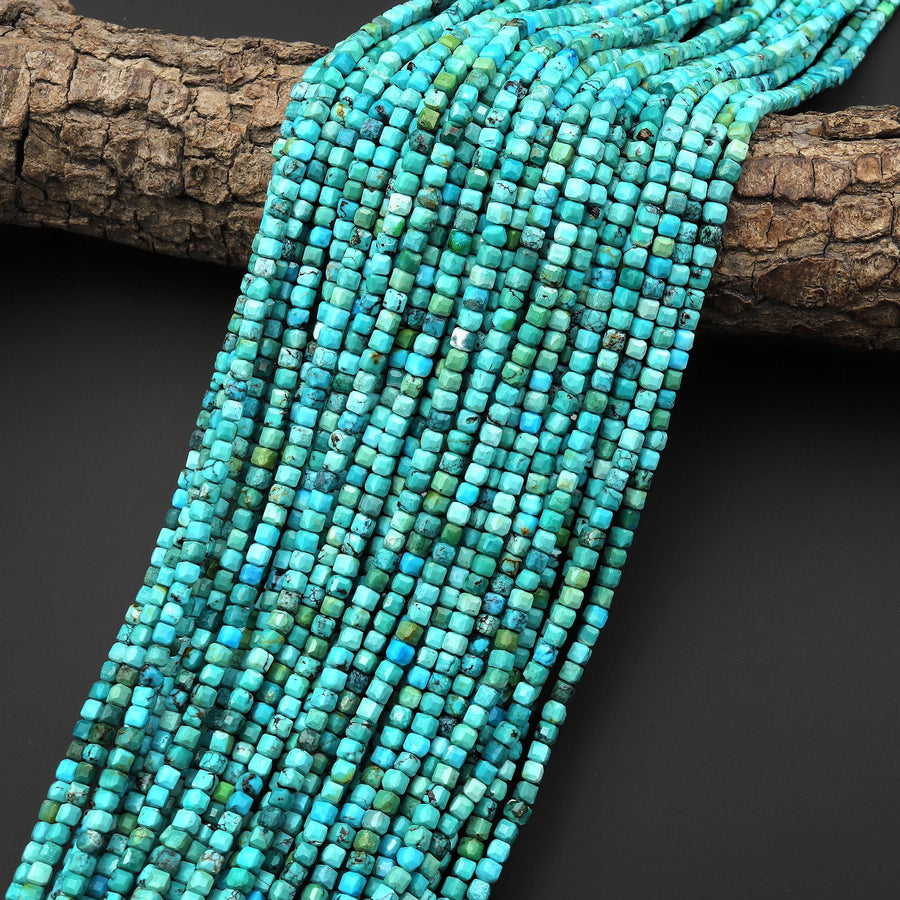 Genuine Natural Blue Green Turquoise Faceted 3mm Cube Beads 15.5" Strand