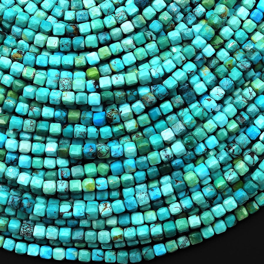 Genuine Natural Blue Green Turquoise Faceted 3mm Cube Beads 15.5" Strand