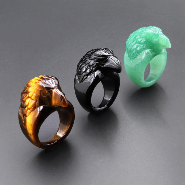 Hand Carved Natural Tiger's Eye Green Jade Black Onyx Ring