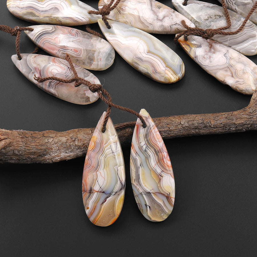 Natural Laguna Lace Agate Teardrop Pear Earring Pair Drilled Matched Gemstone Beads