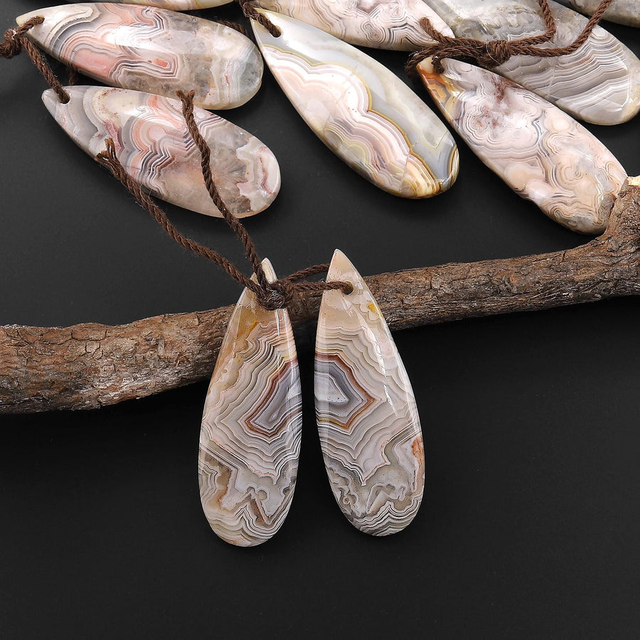 Natural Laguna Lace Agate Teardrop Pear Earring Pair Drilled Matched Gemstone Beads