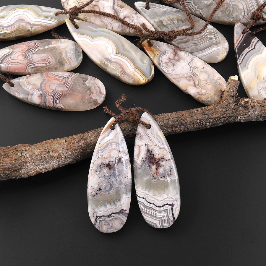 Natural Laguna Lace Agate Teardrop Pear Earring Pair Drilled Matched Gemstone Beads