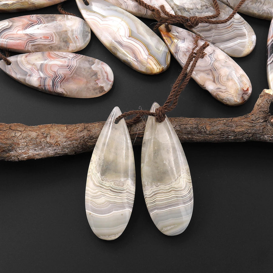 Natural Laguna Lace Agate Teardrop Pear Earring Pair Drilled Matched Gemstone Beads