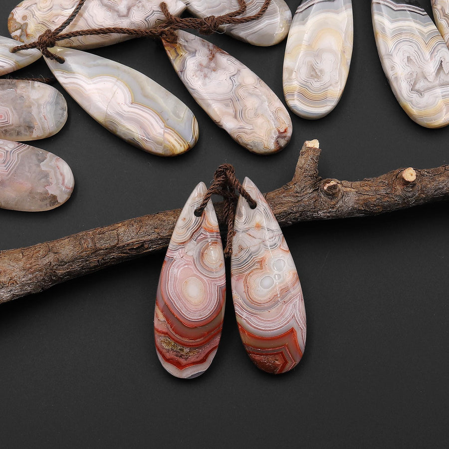 Natural Laguna Lace Agate Teardrop Pear Earring Pair Drilled Matched Gemstone Beads