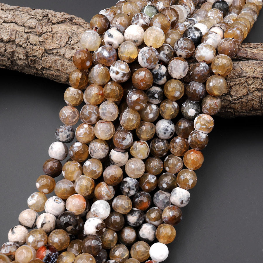 Faceted Brown Dragon Vein Agate Aka Brown Fire Agate 10mm Round Beads 15" Strand