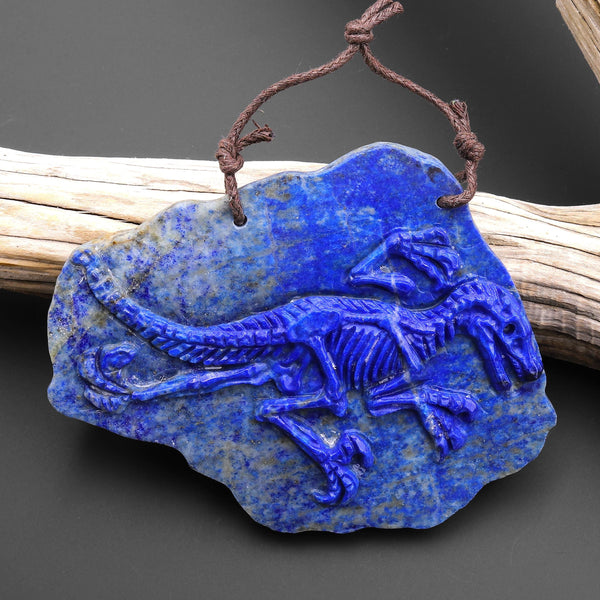 Hand Carved One-of-Kind Natural Blue Lapis Dinosaur Dragon 2 Hole Pendant A4