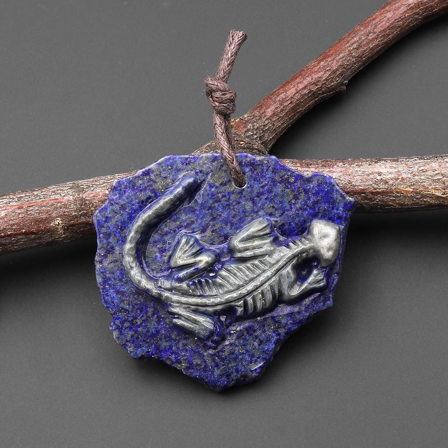 Hand Carved One-of-Kind Natural Blue Lapis Dinosaur Dragon Pendant A9