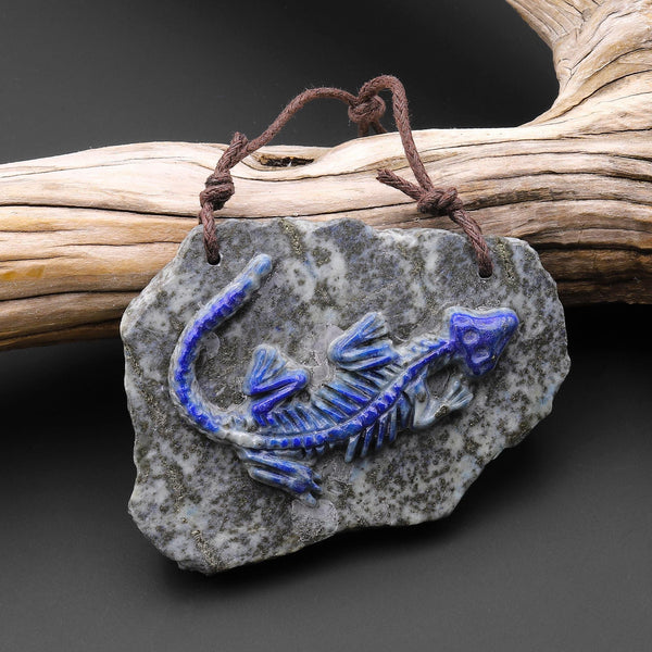 Hand Carved One-of-Kind Natural Blue Lapis Dinosaur Dragon 2 Hole Pendant A12