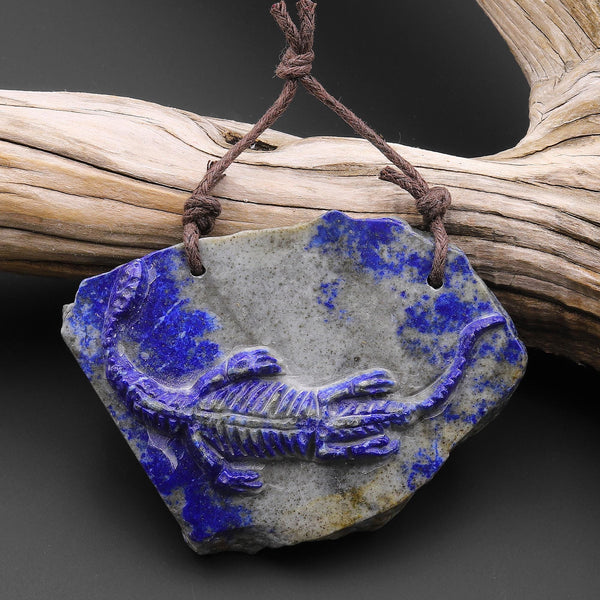 Hand Carved One-of-Kind Natural Blue Lapis Dinosaur Dragon 2 Hole Pendant A14