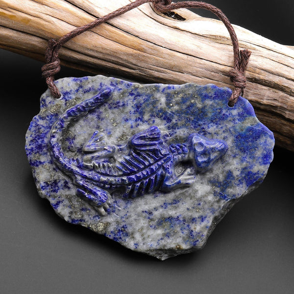 Hand Carved One-of-Kind Natural Blue Lapis Dinosaur Dragon 2 Hole Pendant A16