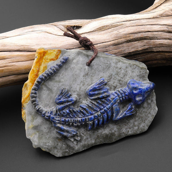 Hand Carved One-of-Kind Natural Blue Lapis Dinosaur Dragon Pendant A17