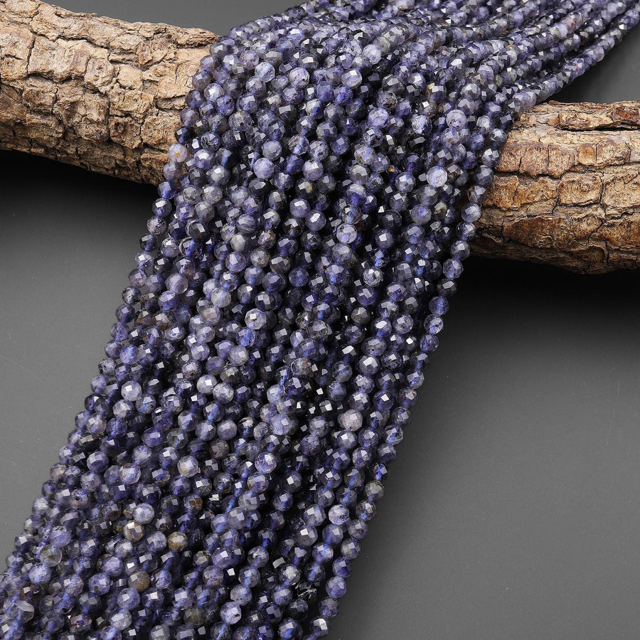 Natural Blue Iolite Faceted 4mm Round Translucent Gemstone Beads 15.5" Strand