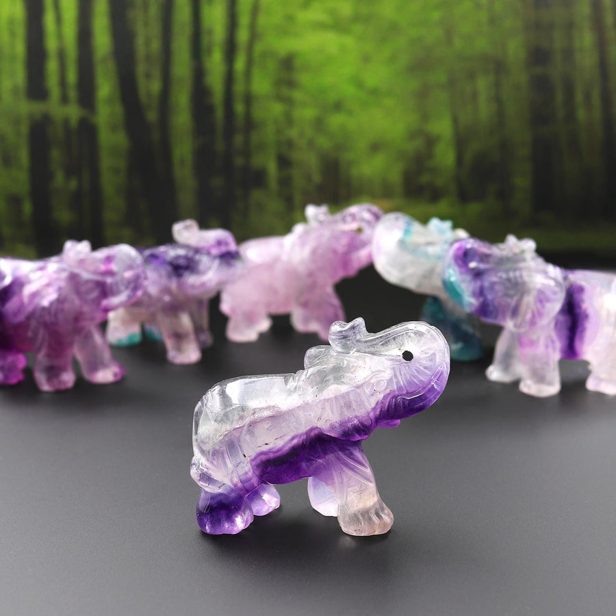 Hand-Carved Natural Fluorite Elephant Figurine Crystal Miniature A1