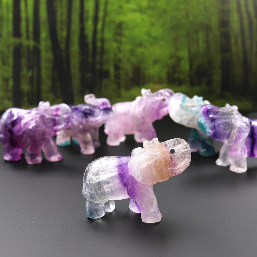 Hand-Carved Natural Fluorite Elephant Figurine Crystal Miniature A2