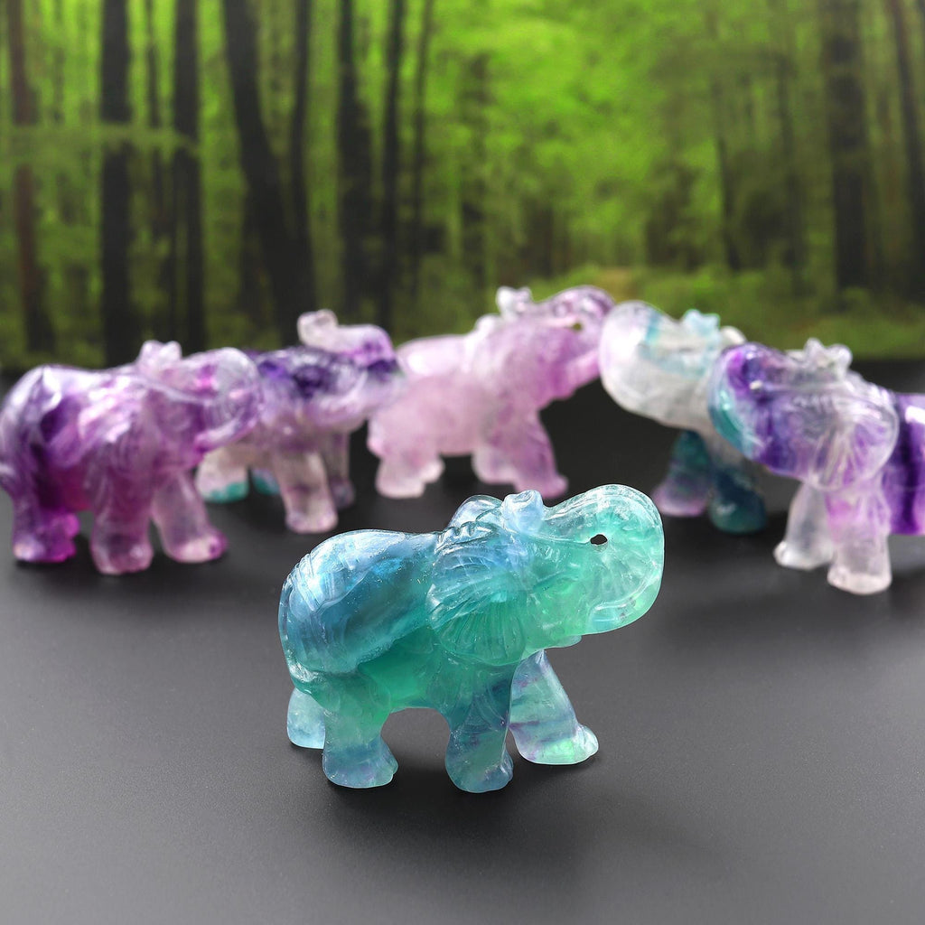 Hand-Carved Natural Fluorite Elephant Figurine Crystal Miniature A4