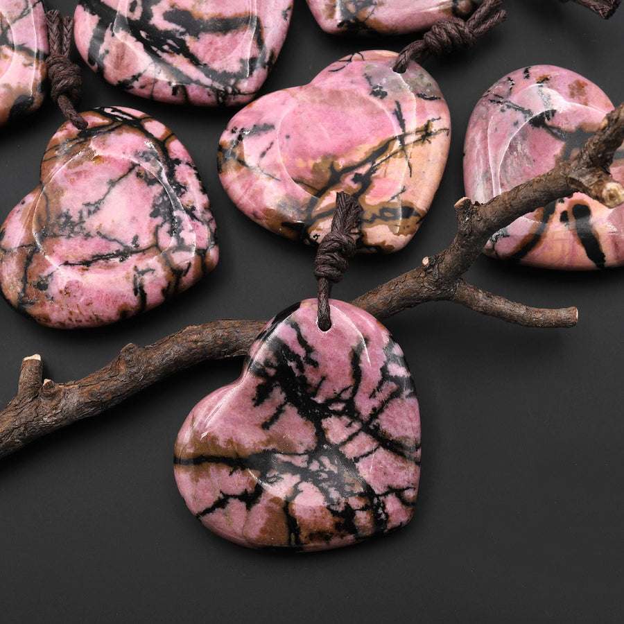 AAA Natural Pink Rhodonite Indented Heart Pendant Focal Worry Stone