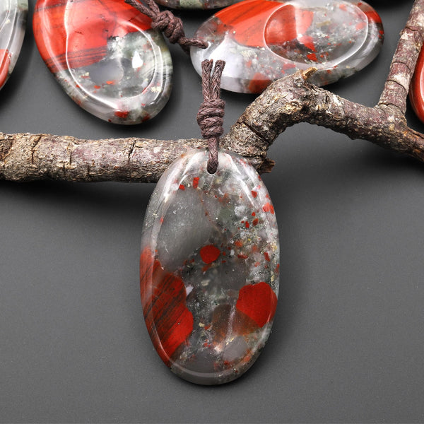 Natural African Bloodstone Pendant Indented Oval Focal Worry Stone Bead