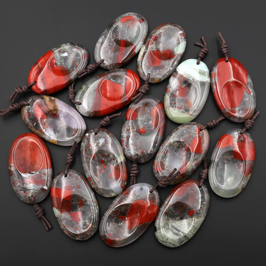 Natural African Bloodstone Pendant Indented Oval Focal Worry Stone Bead