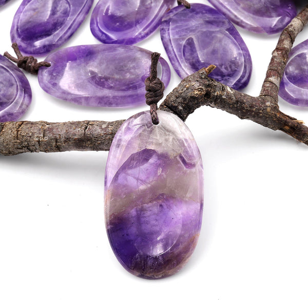 Natural Purple Amethyst Pendant Indented Oval Focal Worry Stone Bead