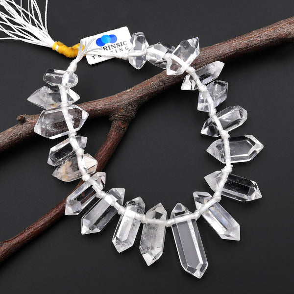 AAA Hand Cut Natural Rock Crystal Quartz Beads Faceted Double Terminated Points Side Drilled Healing Gemstone 8" Strand