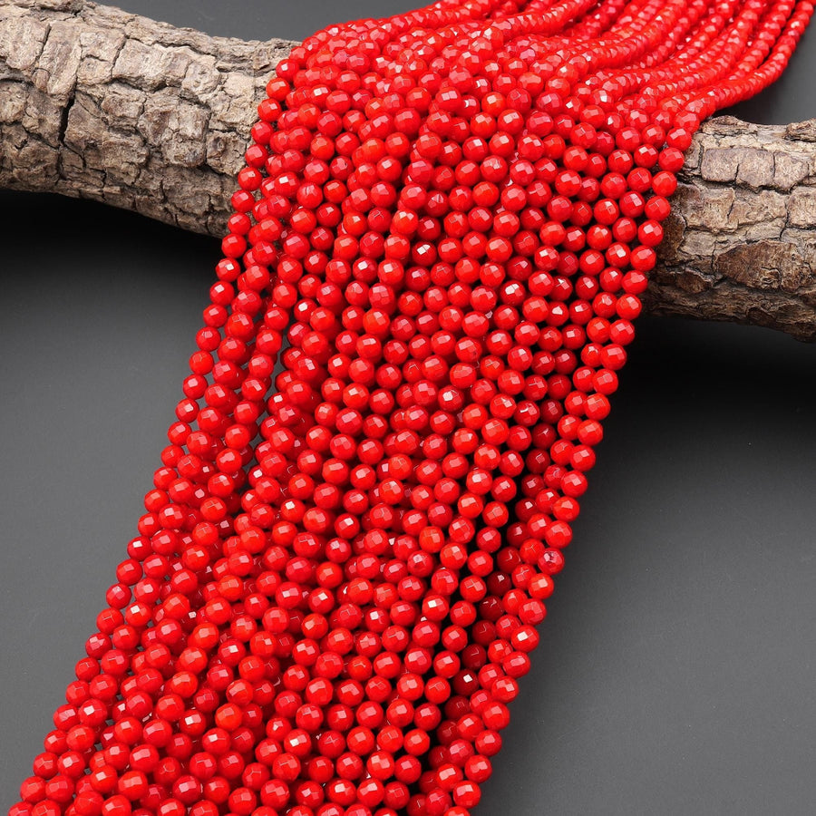 AAA Faceted Red Coral 2mm 3mm 4mm Round Beads Gemstone 15.5" Strand