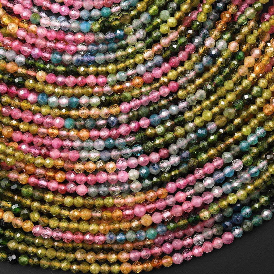 AAA Faceted Natural Tourmaline 3mm Round Multicolor Pink Blue Golden Yellow Green Gemstone Beads 15.5" Strand