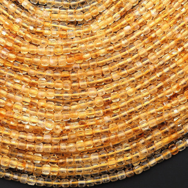 AAA Natural Golden Citrine Faceted 3mm Cube Gemstone Beads 15.5" Strand