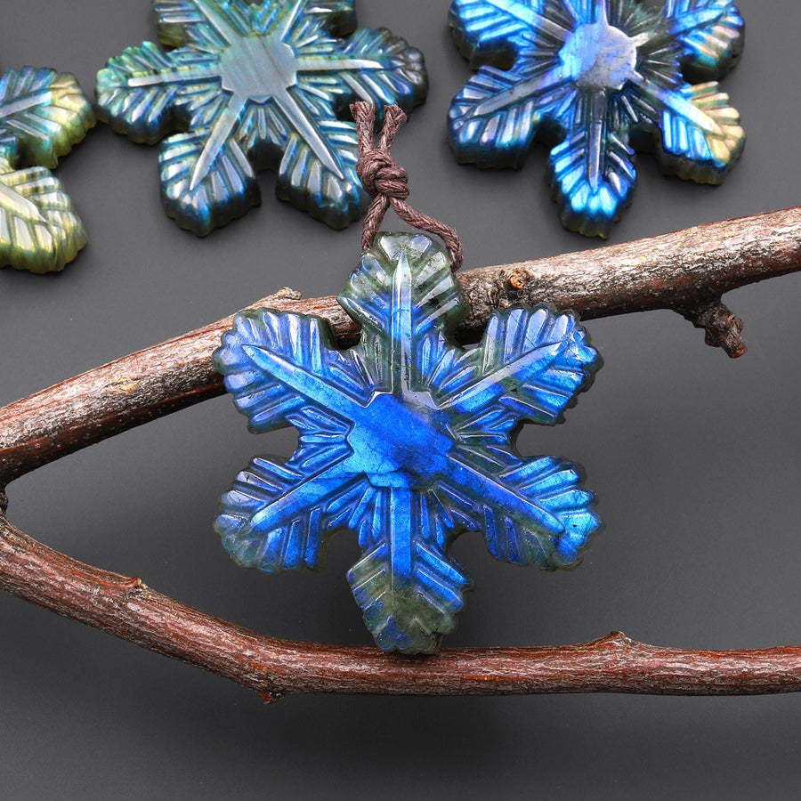 AAA Hand Carved Natural Labradorite Snowflake Pendant Gemstone Focal Bead A3