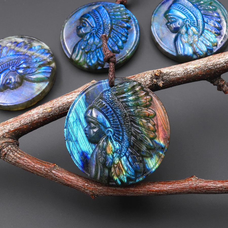 AAA Hand Carved Natural Labradorite Native Indian Baby Head Pendant Gemstone Focal Bead A3