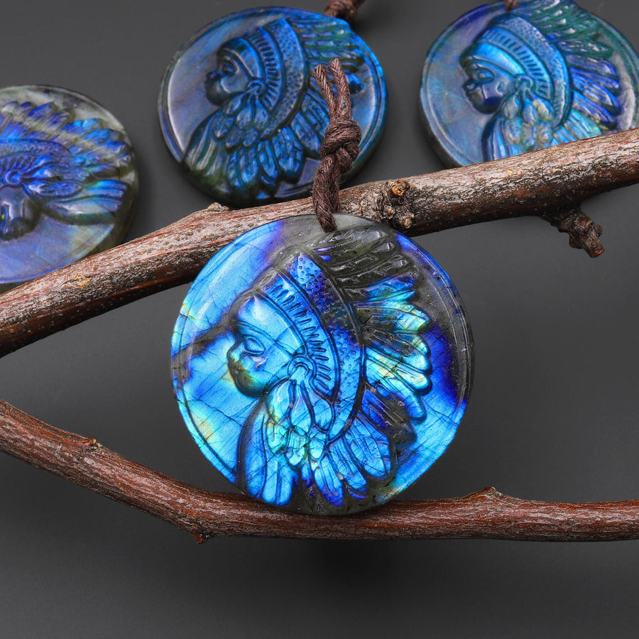 AAA Hand Carved Natural Labradorite Native Indian Baby Head Pendant Gemstone Focal Bead A5