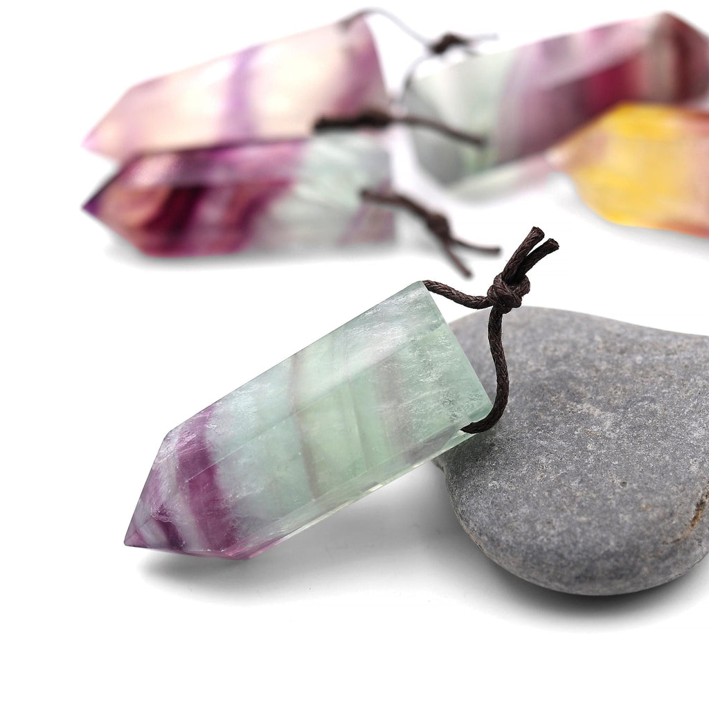 AAA Natural Candy Fluorite Faceted Crystal Point Pendant Side Drilled Gemstone Tower Pendulum A7