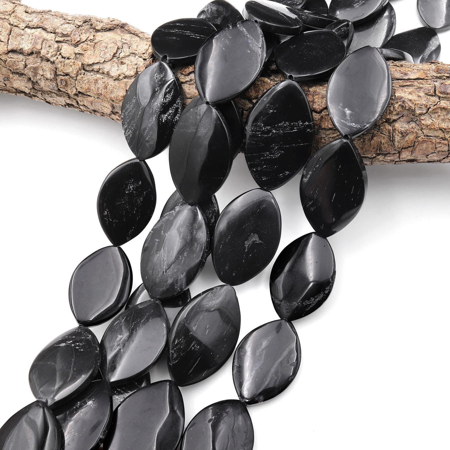 Natural Brazilian Black Stone Marquise Oval Beads Hand Cut Gemstone 15.5" Strand