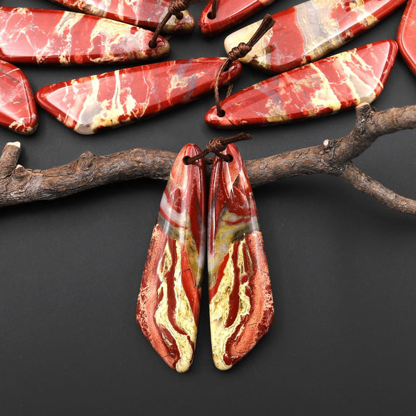 Natural Red River Jasper Abstract Butterfly Wing Earring Pair Drilled Matched Gemstone Beads A3