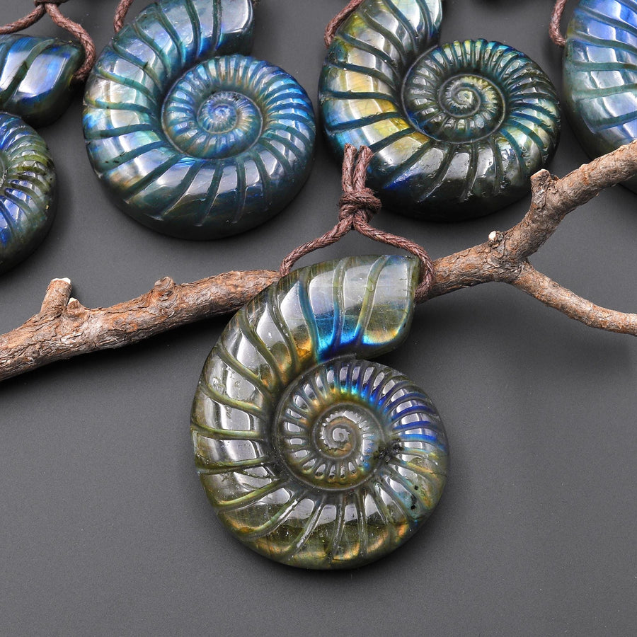 Hand Carved Natural Blue Green Golden Labradorite Ammonite Pendant Side Drilled Gemstone Focal Bead